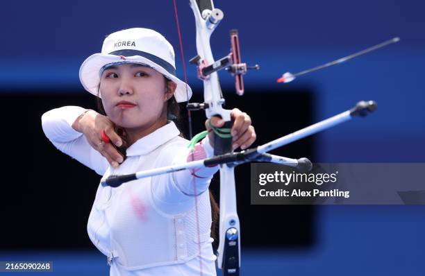 Sihyeon Lim of Team Republic of Korea competes during the Women's Individual Semi-Final Between Sihyeon Lim of Team Republic of Korea and Hunyoung...