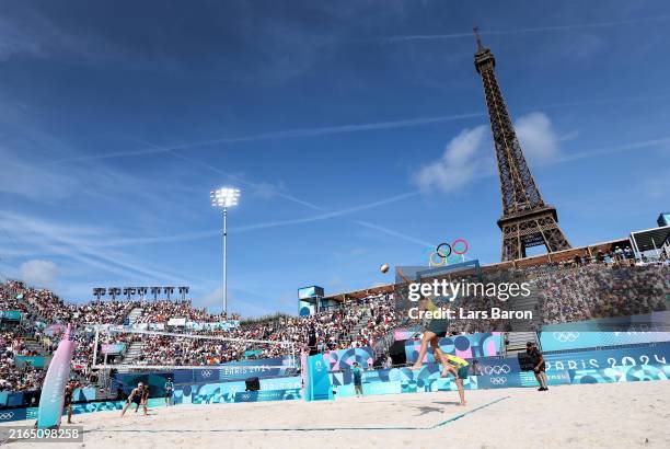 Thomas Hodges of Team Australia competes during the Men's Preliminary Phase - Pool C match against Remi Bassereau and Julien Lyneel of Team France on...