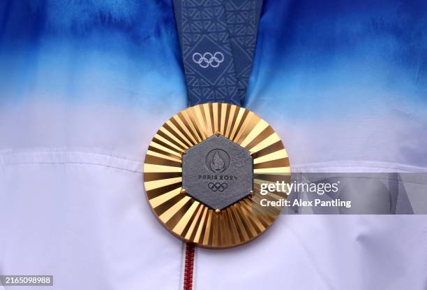 Detailed view of the gold medal of Sihyeon Lim of Team Republic of Korea, on the podium after the Women’s Individual Archery competition on day eight...