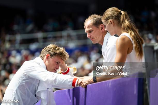 Sander Skotheim of Team Norway looks disappointed after his failed attempts during the Pole Vault leg of Decathlon on day eight of the Olympic Games...