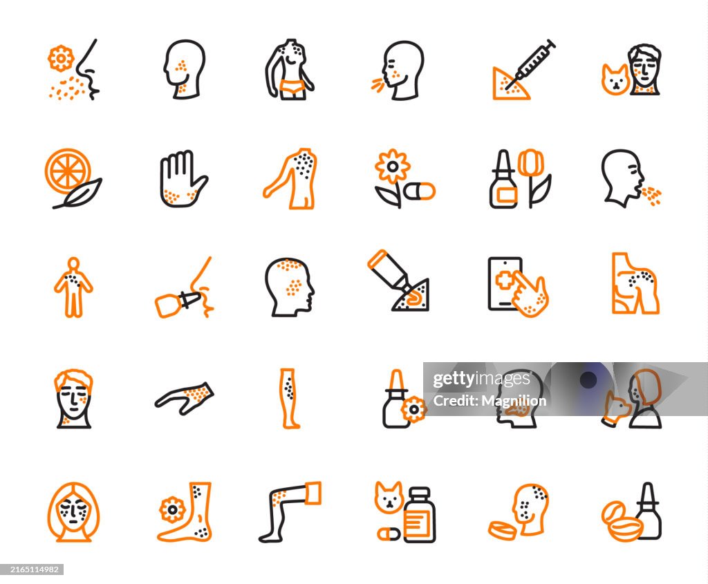 Allergy and Skin Reaction Icon Set in Black and Orange, Editable Stroke, Vector Illustration