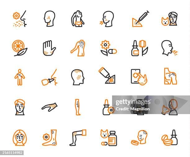 allergy and skin reaction icon set in black and orange, editable stroke, vector illustration - anaphylaxis reaction stock illustrations