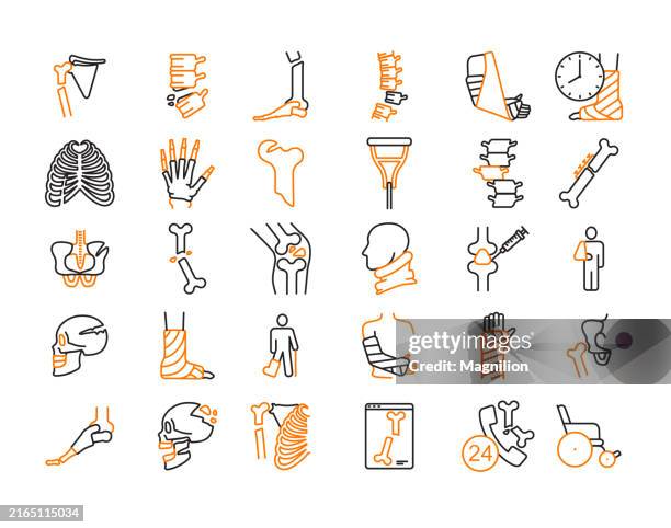 ilustrações de stock, clip art, desenhos animados e ícones de traumatology, orthopedic and bone health icon set with editable stroke in black and orange, including bones, joints, and medical devices - fratura