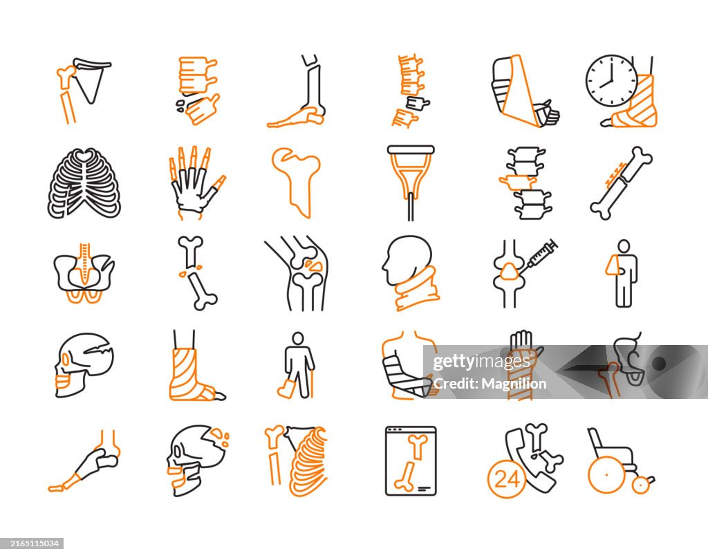 Traumatology, Orthopedic and Bone Health Icon Set with Editable Stroke in Black and Orange, Including Bones, Joints, and Medical Devices