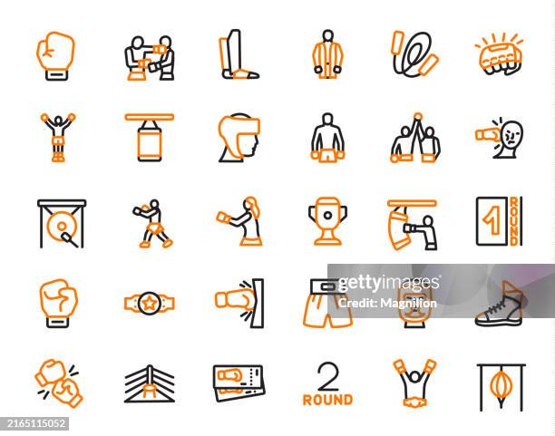 ilustrações de stock, clip art, desenhos animados e ícones de boxing and combat sports icon set in black and orange, editable stroke, vector illustration - saco-de-boxe