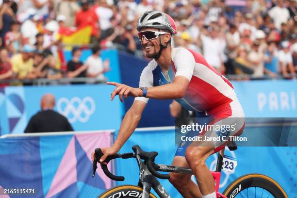 Julian Alaphilippe of Team France celebrates the victory of his teammates Valentin Madouas as Silver medal and Christophe Laporte as Bronze medal...