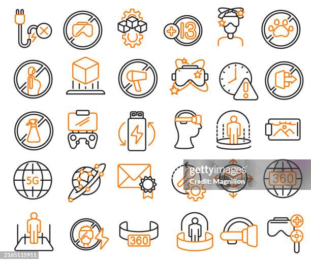 modern technology icon set featuring virtual reality, 5g, and gaming controllers in black and orange, vector illustration for tech-related designs, editable stroke - black computer engineer stock illustrations