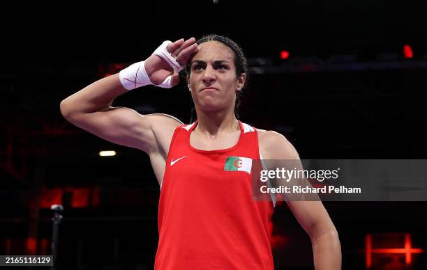 Imane Khelif of Team Algeria celebrates victory against Anna Luca Hamori of Team Hungary after the Women's 66kg Quarter-final round match on day...