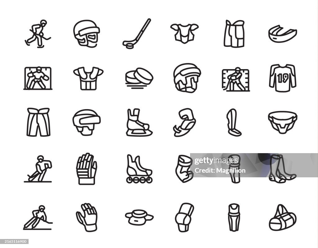 Hockey Equipment and Action Icon Set in Black, Editable Stroke, Vector Illustration