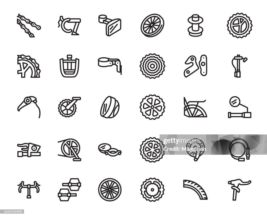 Bicycle Parts Icon Set in Black, Editable Stroke, Vector Illustration