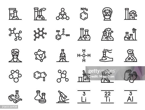 chemistry and science icon set in black, editable stroke, vector illustration - beaker isolated stock illustrations