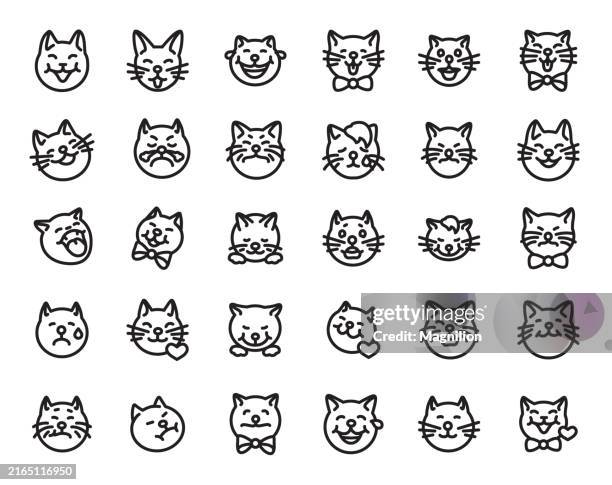 cat faces line icons, set of 30 vector cat expressions, editable stroke - cat line drawing stock illustrations