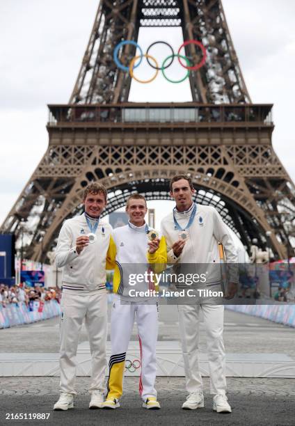 Gold medalist Remco Evenepoel of Team Belgium , Silver medalist Valentin Madouas of Team France and Bronze medalist Christophe Laporte of Team France...