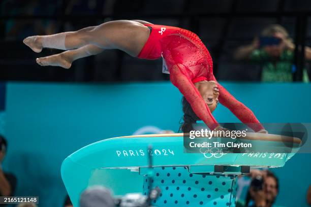Simone Biles of the United States performs her vault during her gold medal performance in the Artistic Gymnastics, Women's Vault Final at the Bercy...
