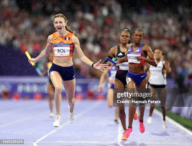 Femke Bol of Team Netherlands celebrates winning the 4 x 400m Relay Mixed final on day eight of the Olympic Games Paris 2024 at Stade de France on...