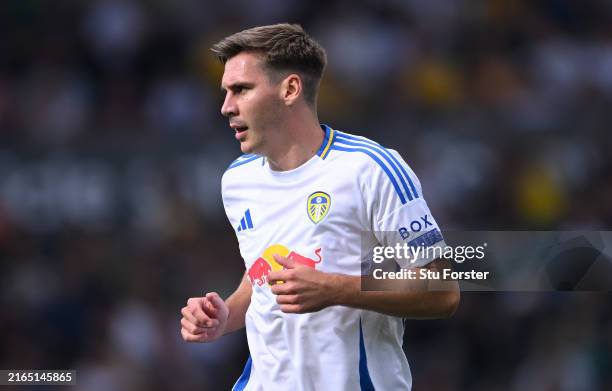 Max Wober of Leeds United in action during the friendly match between Leeds United and Valencia at Elland Road on August 03, 2024 in Leeds, England.