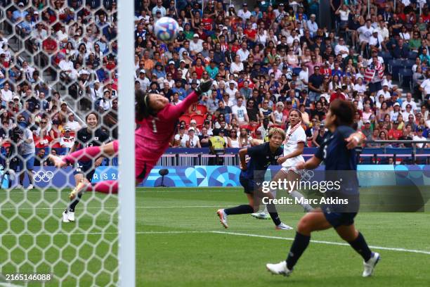 Trinity Rodman of Team United States scores a goal during the Women's Quarterfinal match between USA and Japan during the Olympic Games Paris 2024 at...