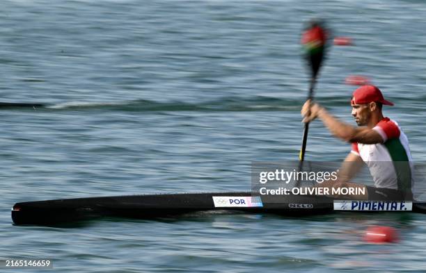 Portugal's Fernando Pimenta competes in the men's kayak single 1000m heats canoe sprint competition at Vaires-sur-Marne Nautical Stadium in...