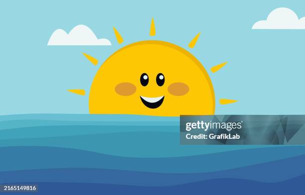 Happy Cartoon Sun Rising Over Blue Ocean Illustration High-Res Vector ...