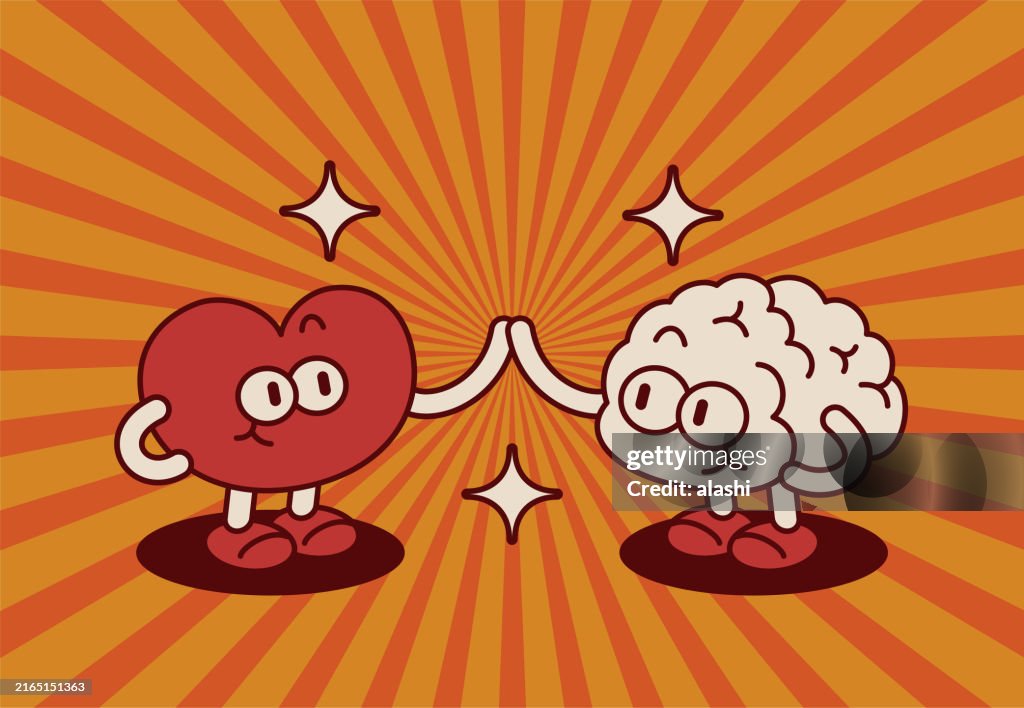 An anthropomorphic Heart Man and a cute Brain Man are happily high-fiving