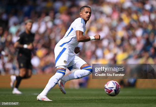 Mateo Joseph of Leeds United in action during the friendly match between Leeds United and Valencia at Elland Road on August 03, 2024 in Leeds,...