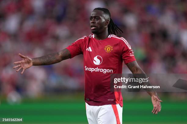 Aaron Wan-Bissaka of Manchester United reacts during a pre-season friendly match against Liverpool at Williams-Brice Stadium on August 03, 2024 in...