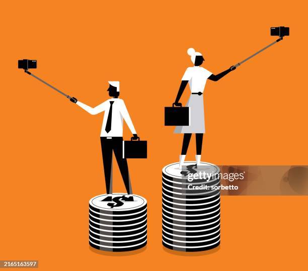 vlogger taking selfie with a selfie stick - selfie stick stock illustrations