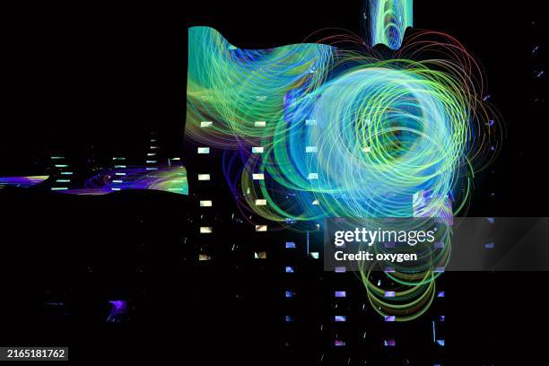 abstract digital swirl with neon light effects. a mesmerizing abstract digital artwork showcasing dynamic swirls and neon light effects against a dark background, creating a captivating and futuristic visual experience. - appearance stock pictures, royalty-free photos & images