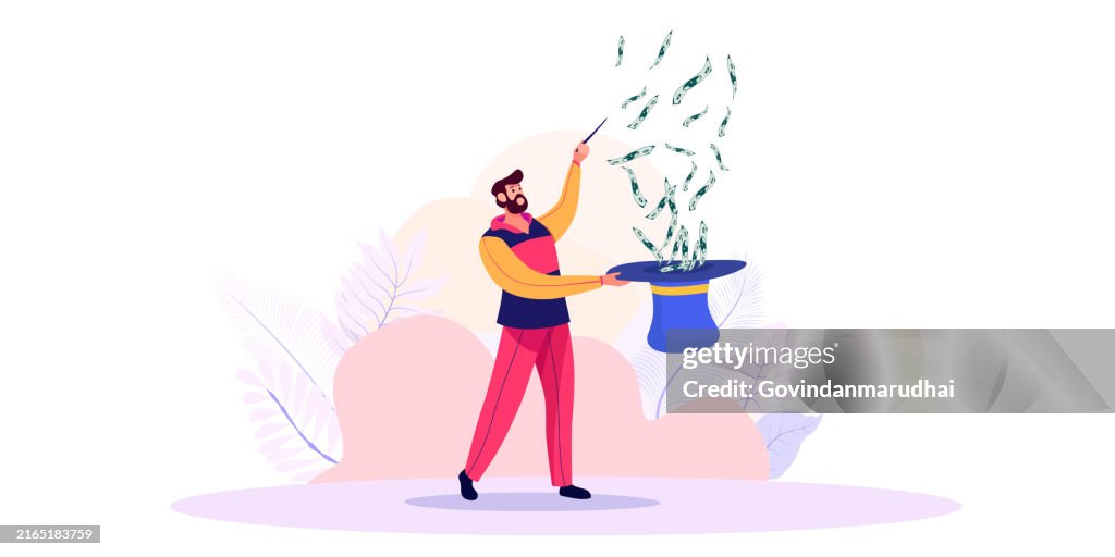 Businessman magician using magic wand to make money from magical hat. Get rich fast, make money or profit from investment,FED or central bank stimulation money, financial or wealth advisor concept,
