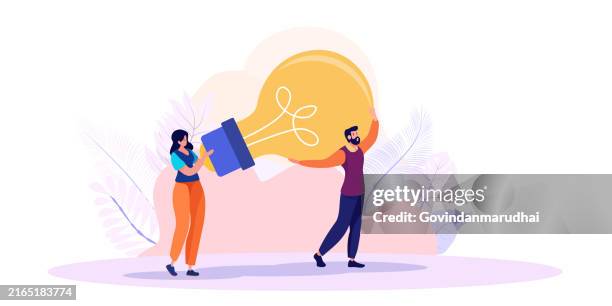 innovation idea to drive team success, business innovative solution, community or invention help company achieve goal concept, business people teamwork help carry big smart lightbulb innovation idea. - responsibility metaphor stock illustrations
