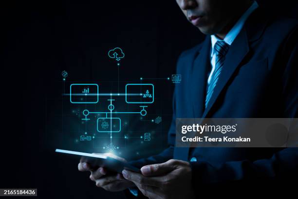detailed cloud computing diagram displayed on a hand, illustrating the latest cloud technology advancements and data storage strategies essential - quantum stock pictures, royalty-free photos & images