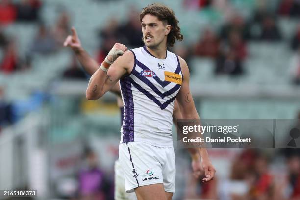 Luke Jackson of the Dockers celebrates kicking a goal during the round 21 AFL match between Essendon Bombers and Fremantle Dockers at Melbourne...