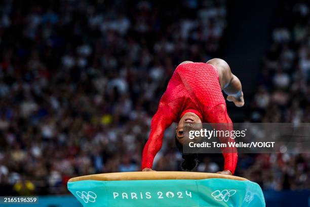 Simone Biles of Team United States competes during the Artistic Gymnastics Women's Vault Final on day eight of the Olympic Games Paris 2024 at the...