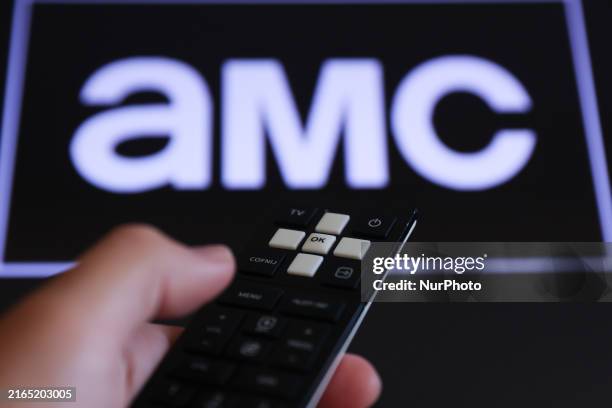 Logo displayed on a tv screen and a remote control are seen in this illustration photo taken in Poland on August 7, 2024.
