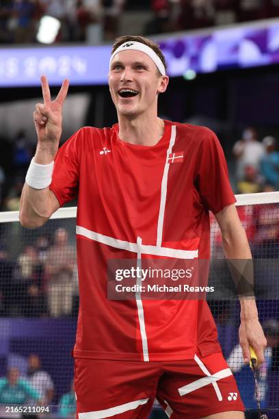 Viktor Axelsen of Team Denmark reacts during the Men's Singles Semifinal match against Lakshya Sen of Team India on day nine of the Olympic Games...