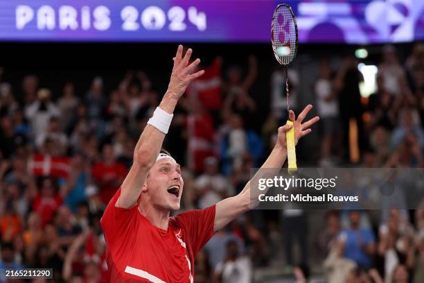 Viktor Axelsen of Team Denmark celebrates during the Men's Singles Semifinal match against Lakshya Sen of Team India on day nine of the Olympic Games...