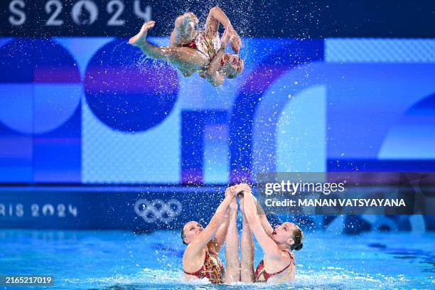 Team Canada compete in the team acrobatic routine of the artistic swimming event during the Paris 2024 Olympic Games at the Aquatics Centre in...