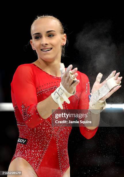 Alice D'Amato of Team Italy reacts after finishing her routine during the Artistic Gymnastics Women's Uneven Bars Final on day nine of the Olympic...