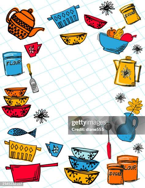 retro cooking kitchen cookbook border - kitchen backdrop stock illustrations