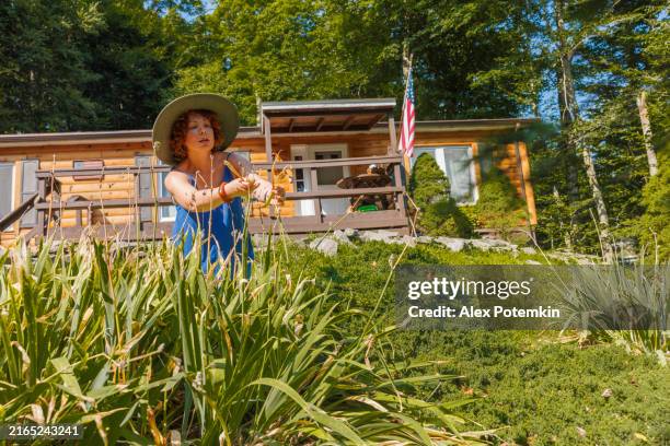tending to plants at mobile home. woman in sun hat gardens outside manufactured house in sunny pennsylvania - trailer home sales stock pictures, royalty-free photos & images