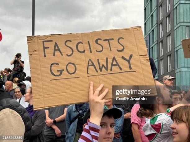 People stage a demonstration against anti-immigration protests in Walthamstow, London, United Kingdom on August 07, 2024.