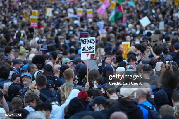 Anti-racism counter protesters gathered ahead of a potential anti-immigration protest on August 7, 2024 in Walthamstow, United Kingdom. A series of...