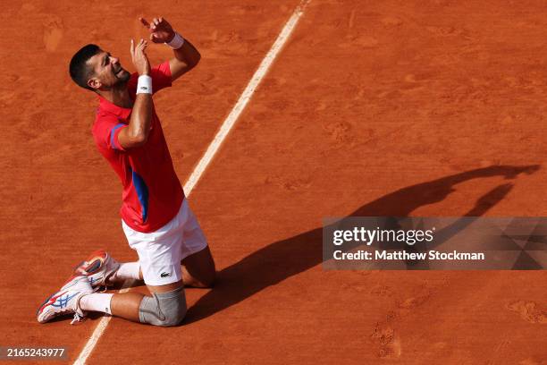 Novak Djokovic of Team Serbia celebrates match point during the Men's Singles Gold medal match against Carlos Alcaraz of Team Spain on day nine of...