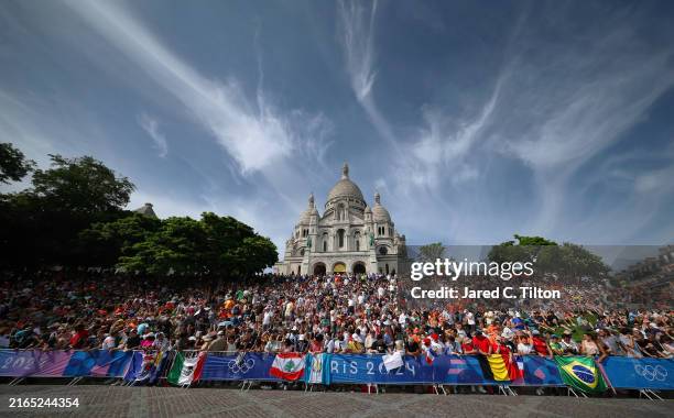 General view of the Basilica of the Sacre Coeur while fans cheers during the Women's Road Race on day nine of the Olympic Games Paris 2024 at...
