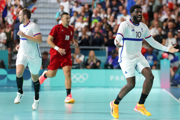 Dika Mem of Team France reacts during the Men's Preliminary Round - Group B match between Team France and Team Hungary on day nine of the Olympic...