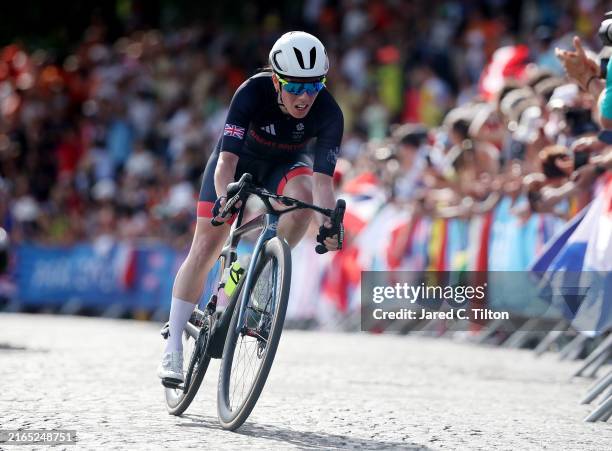 Anna Henderson of Team Great Britain competes during the Women's Road Race on day nine of the Olympic Games Paris 2024 at Trocadero on August 04,...