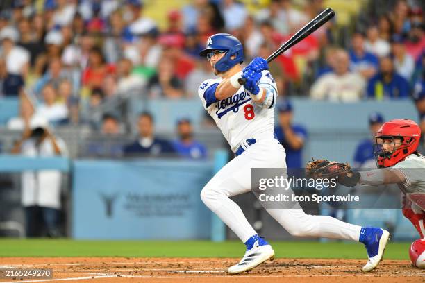 Los Angeles Dodgers third baseman Enrique Hernandez swings at a pitch during the MLB game between the Philadelphia Phillies and the Los Angeles...