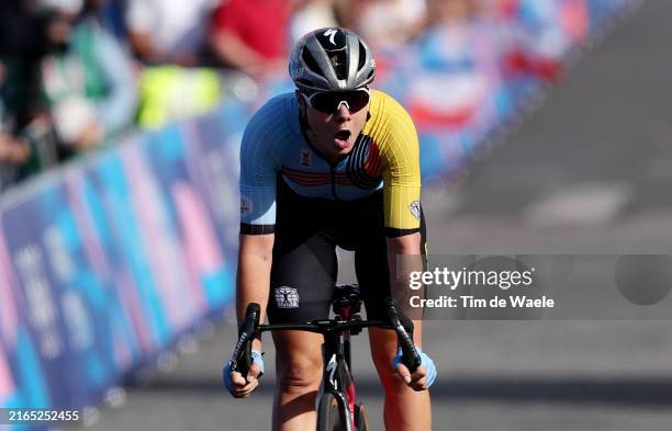 Lotte Kopecky of Team Belgium celebrates at finish line as Bronze medal winner during the Women's Road Race on day nine of the Olympic Games Paris...