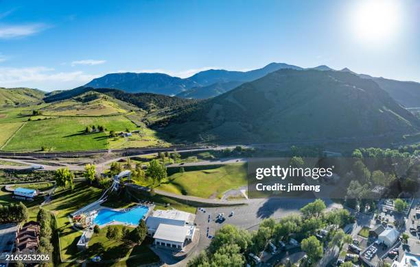 the view of lava hot springs town and highway 30 in eastern bannock county, idaho, usa - idaho springs colorado stockfoto's en -beelden