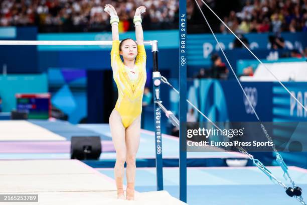 Yihan Zhang of China competes during Women's Uneven Bars Final of the Artistic Gymnastics on Bercy Arena during the Paris 2024 Olympics Games on...